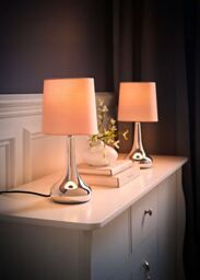 ValueLights Teardrop Pair Compact Fabric Shades Brushed Chrome Touch Table Lamps in Baby Pink - thumbnail 2