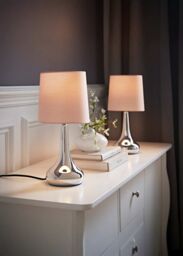 ValueLights Teardrop Pair Compact Fabric Shades Brushed Chrome Touch Table Lamps in Baby Pink - thumbnail 1