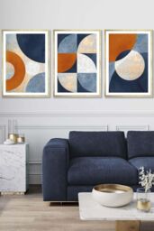 ARTZE Geometric Abstract Textured Circles in Navy Blue Orange Gold Framed Wall Art - Large in Metallic Gold - Size: W53 cm x H73 cm x D20mm