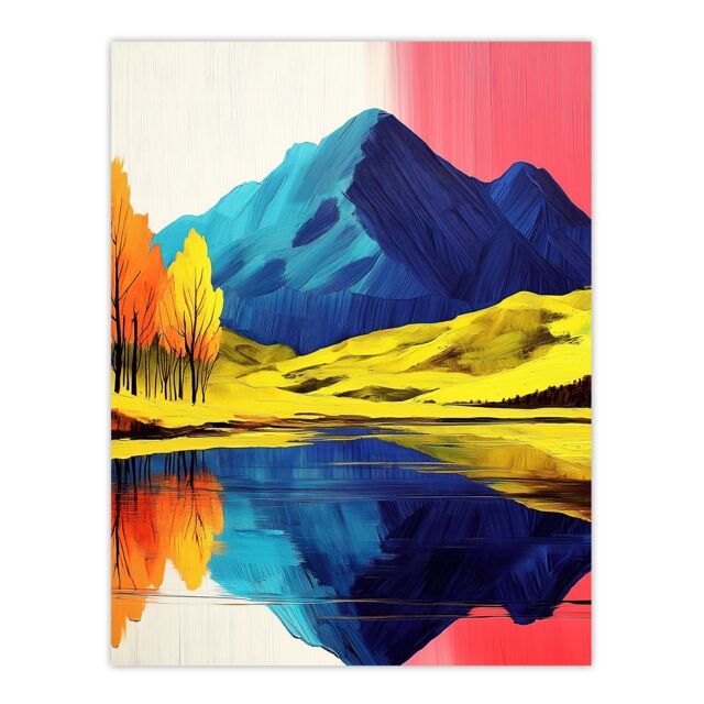 "Artery8 Serene Mountain Lake Pink Sky Autumn Landscape Wall Art Print - Size: W12"" x H16""" - image 1