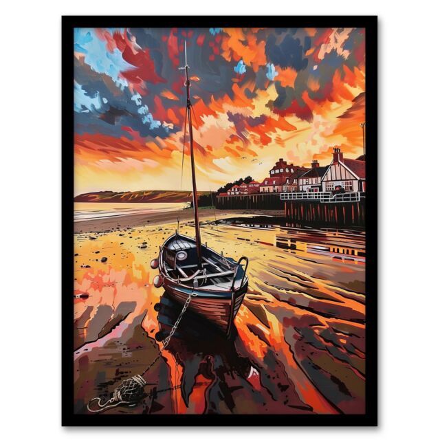 "Artery8 Fishing Boat Atmospheric Clouds Sunset Saltburn Framed Art Print in Orange - Size: W12"" x H16""" - image 1