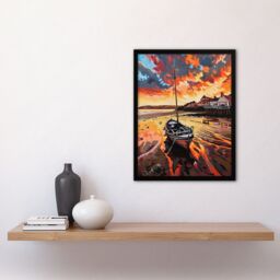 "Artery8 Fishing Boat Atmospheric Clouds Sunset Saltburn Framed Art Print in Orange - Size: W12"" x H16""" - thumbnail 4