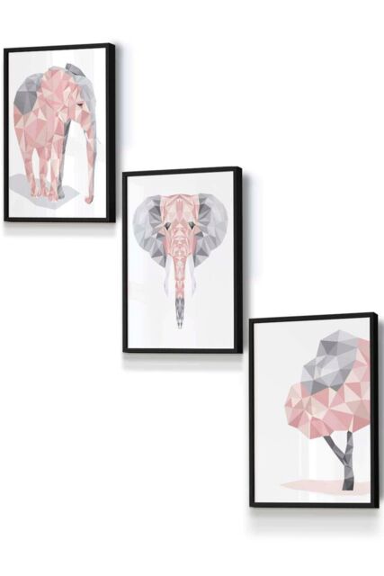 ARTZE Geometric Pink Grey Elephant Set Framed Wall Art - Small in Black - Size: W33 cm x H45 cm x D20mm - image 1