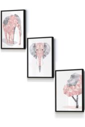 ARTZE Geometric Pink Grey Elephant Set Framed Wall Art - Small in Black - Size: W33 cm x H45 cm x D20mm - thumbnail 1