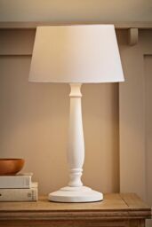 ValueLights Victoria White Wood Traditional Stem Table Lamp with Fabric Tapered Shade
