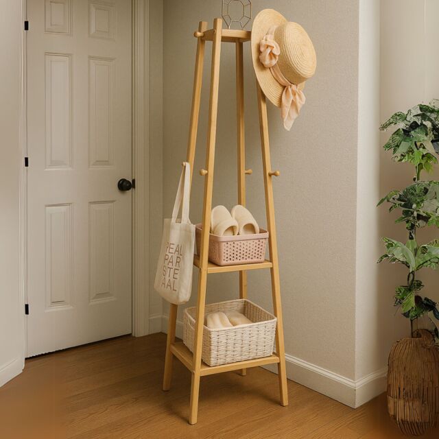 Rafaelo Mobilia Wooden Hallway Coat Rack Stand With 3 Shelves in Natural - image 1