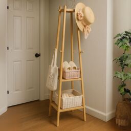 Rafaelo Mobilia Wooden Hallway Coat Rack Stand With 3 Shelves in Natural