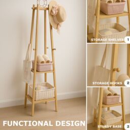 Rafaelo Mobilia Wooden Hallway Coat Rack Stand With 3 Shelves in Natural - thumbnail 4