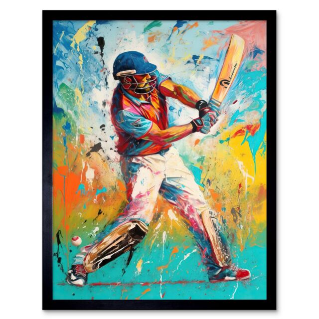 "Artery8 Wall Art Print Cricket Shot Vibrant Cricketer Batsman Portrait Art Framed in Black - Size: W12"" x H16""" - image 1