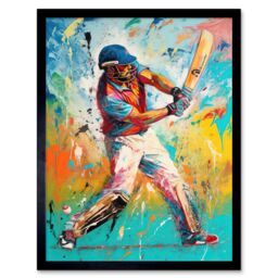 "Artery8 Wall Art Print Cricket Shot Vibrant Cricketer Batsman Portrait Art Framed in Black - Size: W12"" x H16""" - thumbnail 1