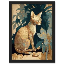 Artery8 Devon Rex Cat with Flower Pattern Fur Modern Illustration Artwork Framed Wall Art Print A4 in Black - thumbnail 1