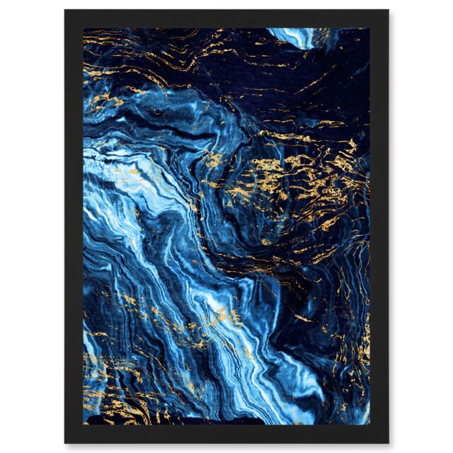 Artery8 Abstract Dark Blue Gold Pour Watercolour Modern Artwork Framed Wall Art Print A4 in Black - image 1