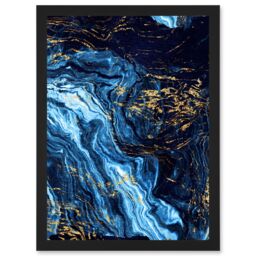 Artery8 Abstract Dark Blue Gold Pour Watercolour Modern Artwork Framed Wall Art Print A4 in Black - thumbnail 1
