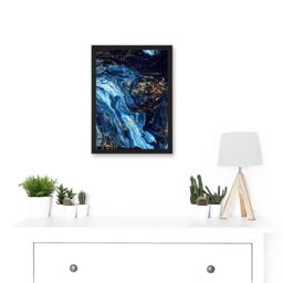 Artery8 Abstract Dark Blue Gold Pour Watercolour Modern Artwork Framed Wall Art Print A4 in Black - thumbnail 2