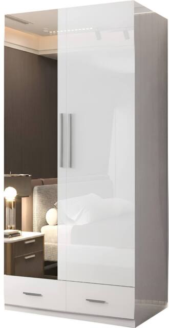 Sliding Wardrobes 4U High Gloss 2-Door Wardrobe with Mirror & Drawers W90 x H200cm x D50cm in White - image 1