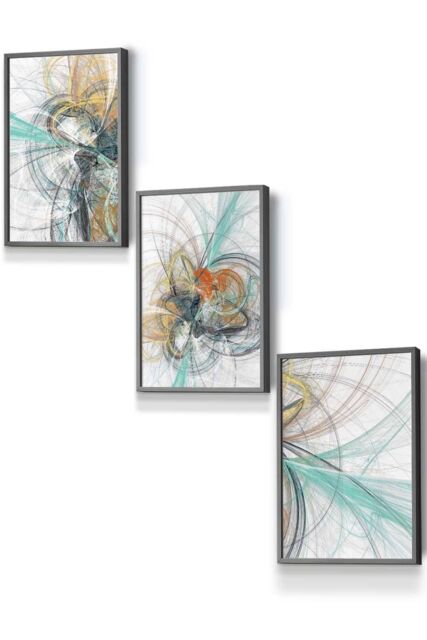 ARTZE Set of 3 Dark Grey Framed Abstract Aqua Grey Mixed Media Fractal Wall Art - Size: W53 cm x H73 cm x D20mm - image 1