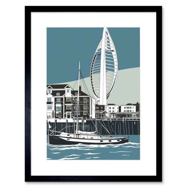 "Artery8 Wall Art Print Portsmouth Historic Dockyard with Spinnaker Tower Artwork Framed 9X7 Inch in Black - Size: W7"" x H9""" - image 1