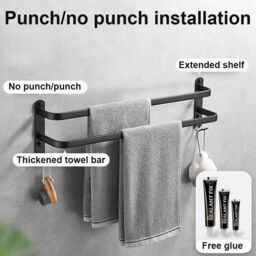 SPETLEK Double Towel Rail Holder Wall Mounted Bathroom Rack Shelf-60CM in Black - thumbnail 5