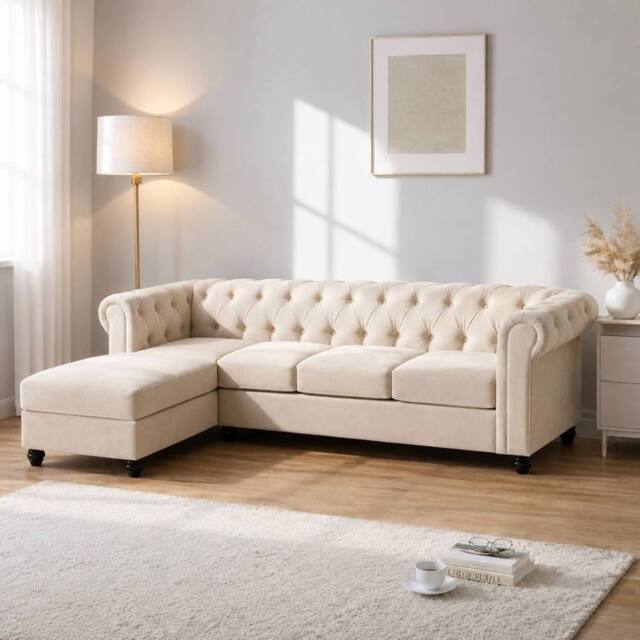 Sofaya Hampton 4 Seater L Shape Chesterfield Sofa Velvet Left Hand Chaise in Cream - Size: 4 Person - image 1