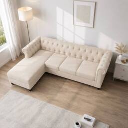 Sofaya Hampton 4 Seater L Shape Chesterfield Sofa Velvet Left Hand Chaise in Cream - Size: 4 Person - thumbnail 2