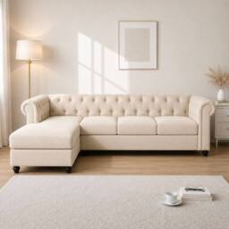 Sofaya Hampton 4 Seater L Shape Chesterfield Sofa Velvet Left Hand Chaise in Cream - Size: 4 Person - thumbnail 3