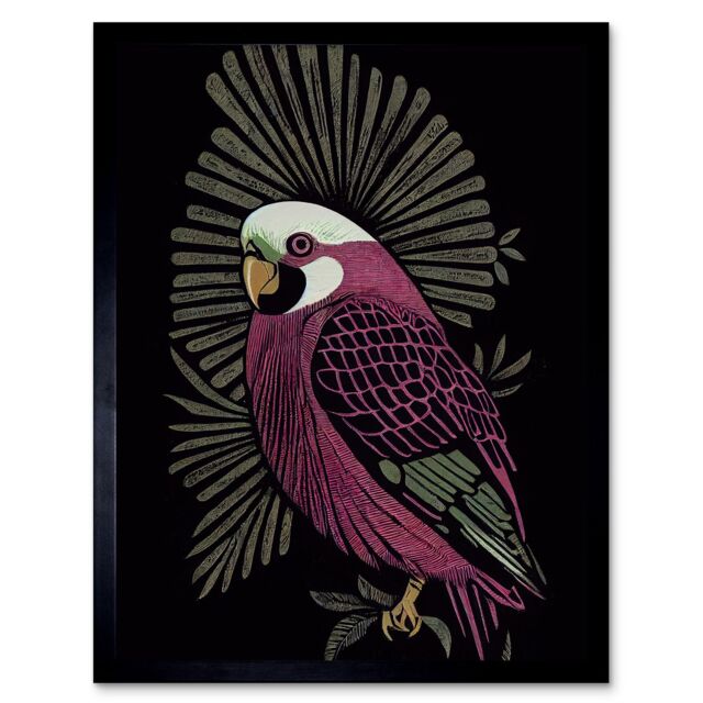 "Artery8 Wall Art Print Tropical Bird Jungle Deep Green Linocut Retro Vintage Art Framed in Black - Size: W12"" x H16""" - image 1
