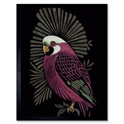 "Artery8 Wall Art Print Tropical Bird Jungle Deep Green Linocut Retro Vintage Art Framed in Black - Size: W12"" x H16""" - thumbnail 1