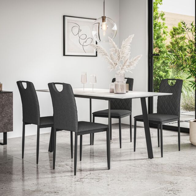 More4Homes Haydon Extending Dining Table & Chairs- White Marble Effect Table Top w Black Legs + Monza Linen Dining Chair Set Of 6 in Charcoal - image 1