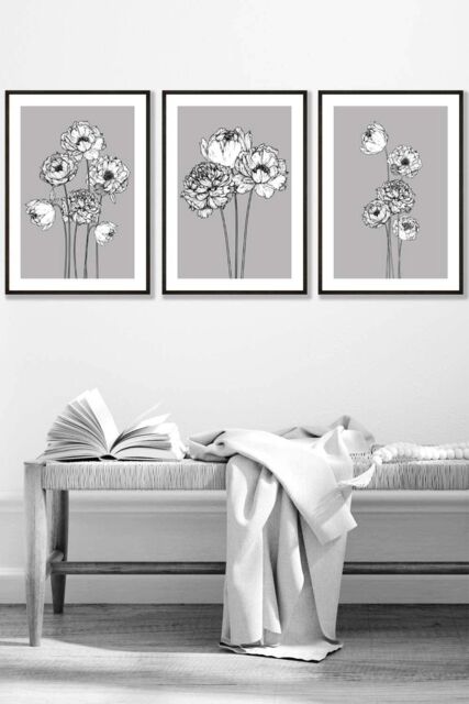 ARTZE Sketch Art Peonies on Grey Framed Wall Art - Medium in Black - Size: W45 cm x H62 cm x D20mm - image 1