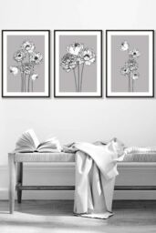 ARTZE Sketch Art Peonies on Grey Framed Wall Art - Medium in Black - Size: W45 cm x H62 cm x D20mm - thumbnail 1