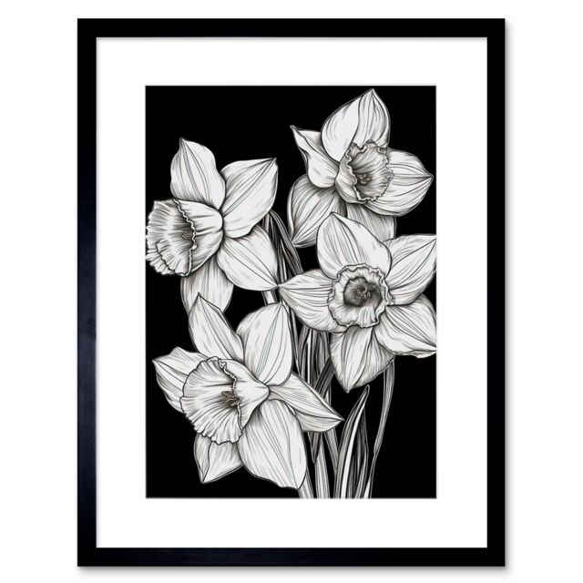 "Artery8 Wall Art Print Daffodil Wildflower Plant Blooms Black & White Artwork Framed 9X7 Inch - Size: W7"" x H9""" - image 1