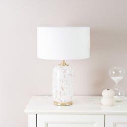 ValueLights India Fabric Drum Shade on Rounded White Confetti Glass Table Lamp with LED Bulb - thumbnail 4