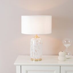 ValueLights India Fabric Drum Shade on Rounded White Confetti Glass Table Lamp with LED Bulb