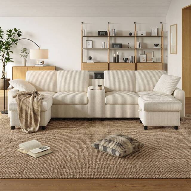 Merax U Shaped Corduroy Sectional Sofa with Ottomans, Charging Ports in Beige - image 1