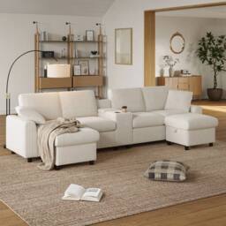 Merax U Shaped Corduroy Sectional Sofa with Ottomans, Charging Ports in Beige - thumbnail 2