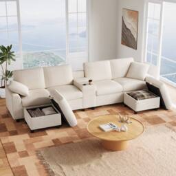 Merax U Shaped Corduroy Sectional Sofa with Ottomans, Charging Ports in Beige - thumbnail 4