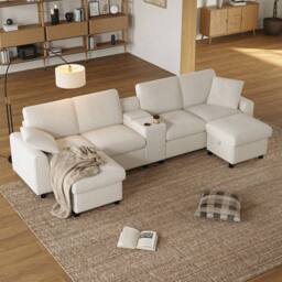 Merax U Shaped Corduroy Sectional Sofa with Ottomans, Charging Ports in Beige - thumbnail 8