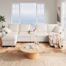 Merax U Shaped Corduroy Sectional Sofa with Ottomans, Charging Ports in Beige - thumbnail 6