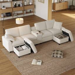 Merax U Shaped Corduroy Sectional Sofa with Ottomans, Charging Ports in Beige - thumbnail 9