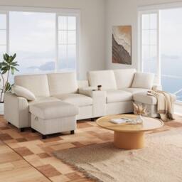 Merax U Shaped Corduroy Sectional Sofa with Ottomans, Charging Ports in Beige - thumbnail 7