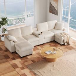 Merax U Shaped Corduroy Sectional Sofa with Ottomans, Charging Ports in Beige - thumbnail 5