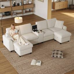 Merax U Shaped Corduroy Sectional Sofa with Ottomans, Charging Ports in Beige - thumbnail 3