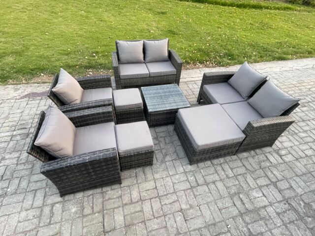 Fimous Outdoor Garden Furniture Sets 8 Pieces Wicker Rattan Furniture Manual Wicker Patio Sofa Set with 3 Footstools in Dark Grey