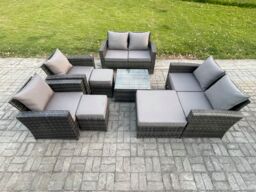 Fimous Outdoor Garden Furniture Sets 8 Pieces Wicker Rattan Furniture Manual Wicker Patio Sofa Set with 3 Footstools in Dark Grey - thumbnail 2