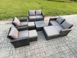 Fimous Outdoor Garden Furniture Sets 8 Pieces Wicker Rattan Furniture Manual Wicker Patio Sofa Set with 3 Footstools in Dark Grey - thumbnail 1
