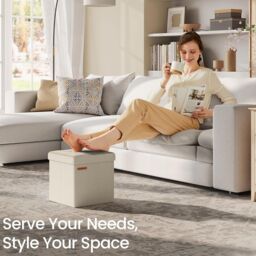 SONGMICS Small Foldable Storage Ottoman Foot Rest Compact Living Room Dorm in Light Sand