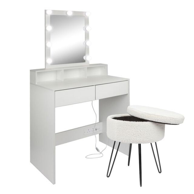 Harbour Housewares Wooden Dressing Table Set with LED Lights & Stool in Cream - image 1