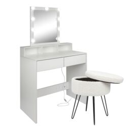 Harbour Housewares Wooden Dressing Table Set with LED Lights & Stool in Cream - thumbnail 1