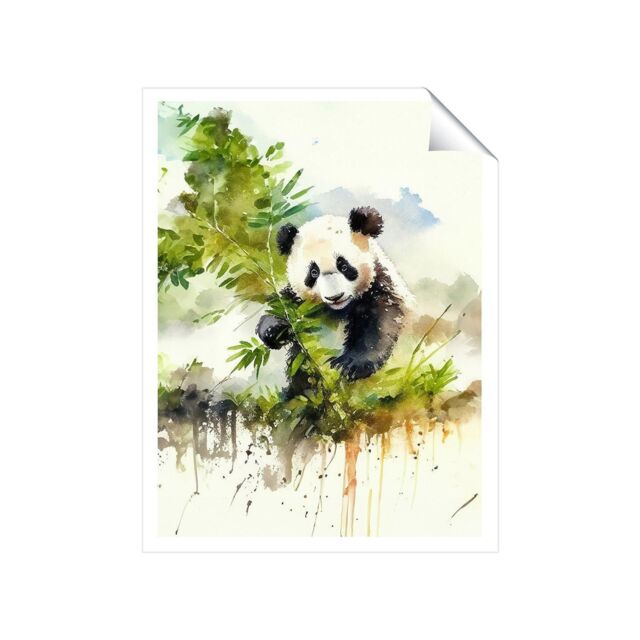 "Warren Reed - Designer Panda Eating Bamboo Watercolour Unframed Art Print - Size: W24"" x H36""" - image 1