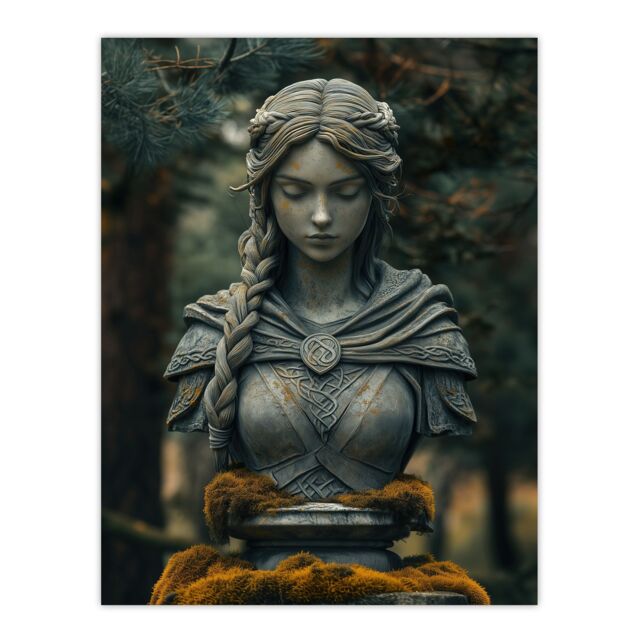 "Artery8 Norse Shield Maiden Warrior Bust Statue in Forest Wall Art Print in Green - Size: W18"" x H24""" - image 1